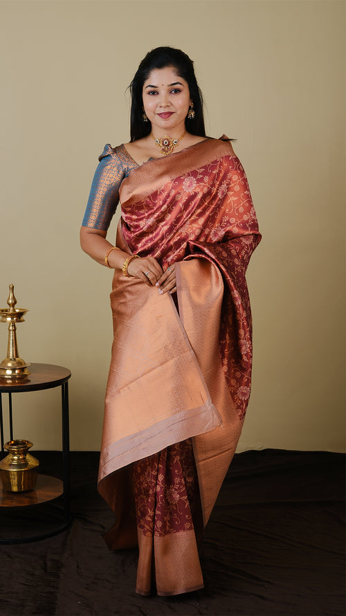 Exquisite Soft Silk in rust brown and rose gold brocade with rose gold contrast double zari border and pallu - AVANTHIKA (20009021)