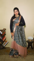 Semi silk in grey green body with floral motifs and light pink zari border with light pink pallu - KRITHIKA (40012003)