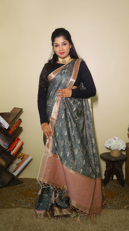 Stylish soft silk saree in a chic combination of grey and pink with a textured design - AVANTHIKA