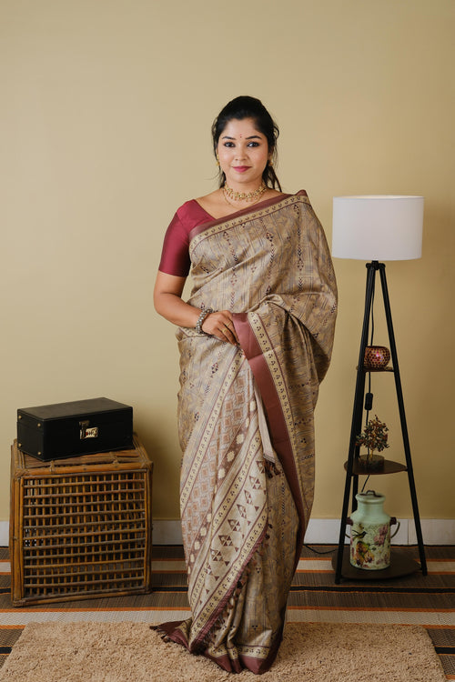 Digital print in light gold with minimalistic design and coffee brown border - BOOMIKA