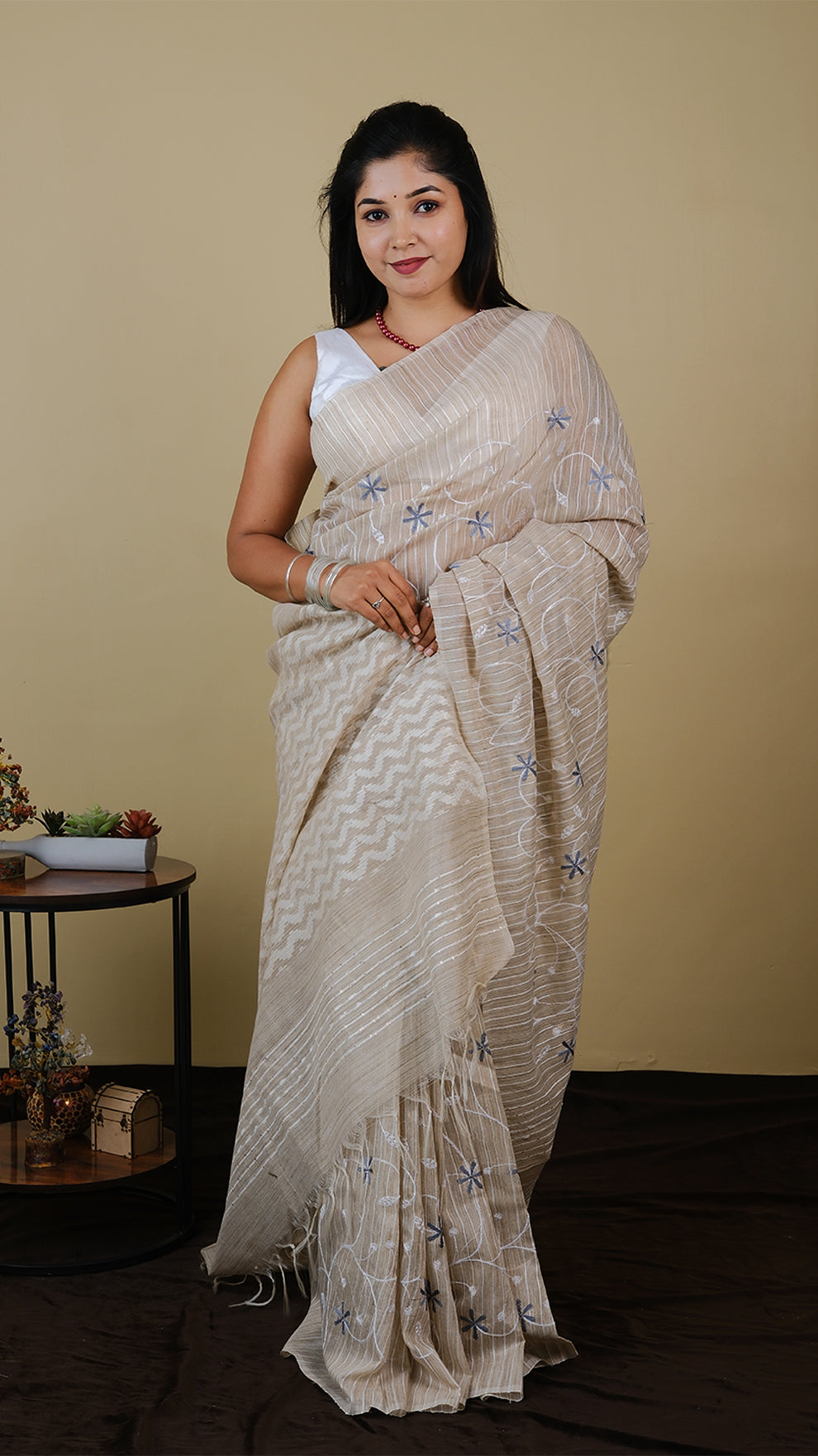 Everyday comfort jute khadi cotton in beige colour with dark grey and white embroidery - BOOMIKA (30010011)