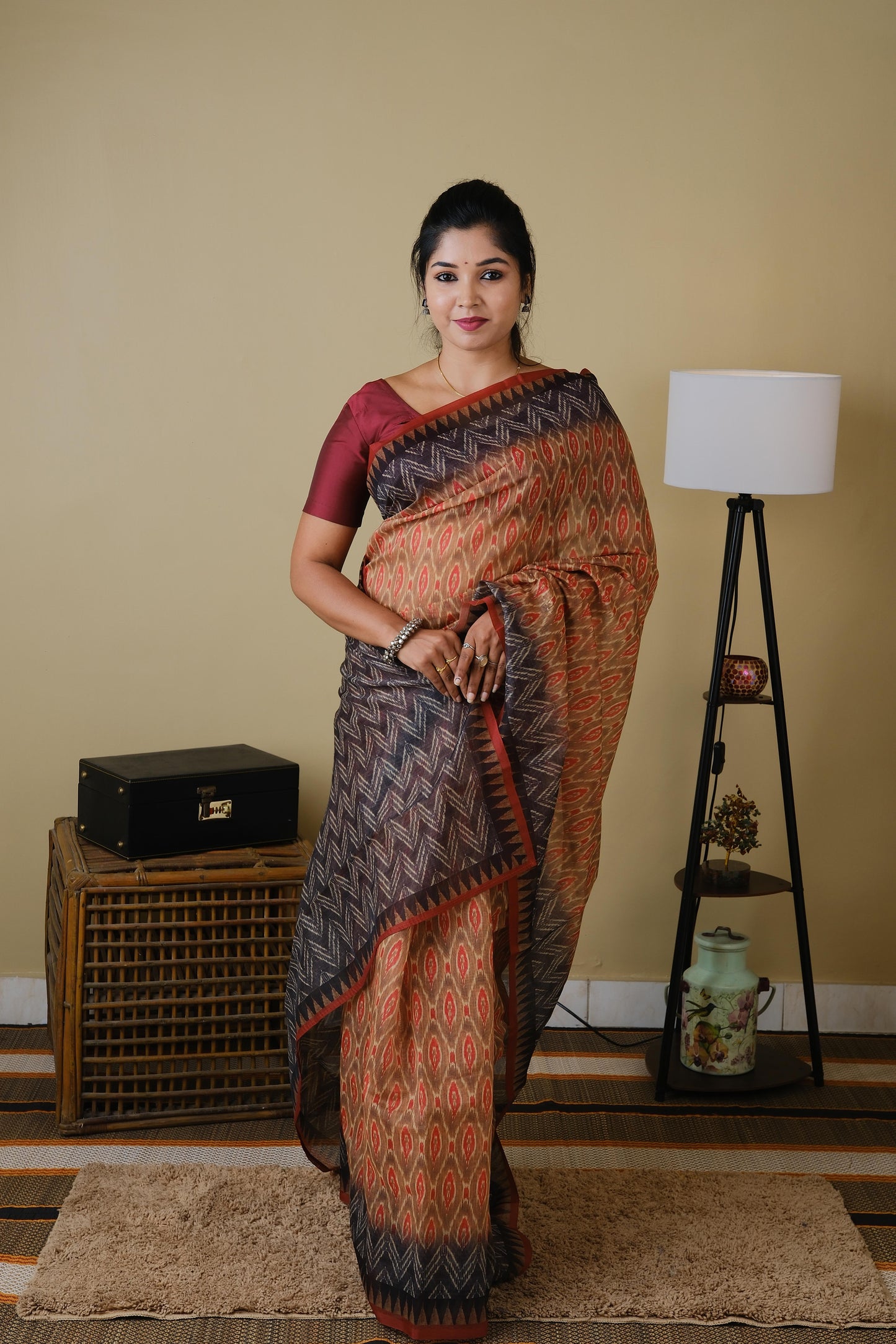 Soft cotton rustic brown tone body with charcoal grey and rust brown temple border - BOOMIKA