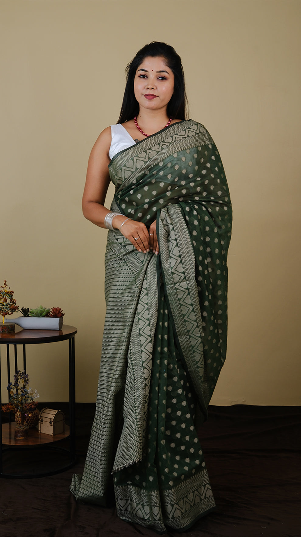 Manipuri cotton in olive green with all over threadwork - KRITHIKA (40010005)
