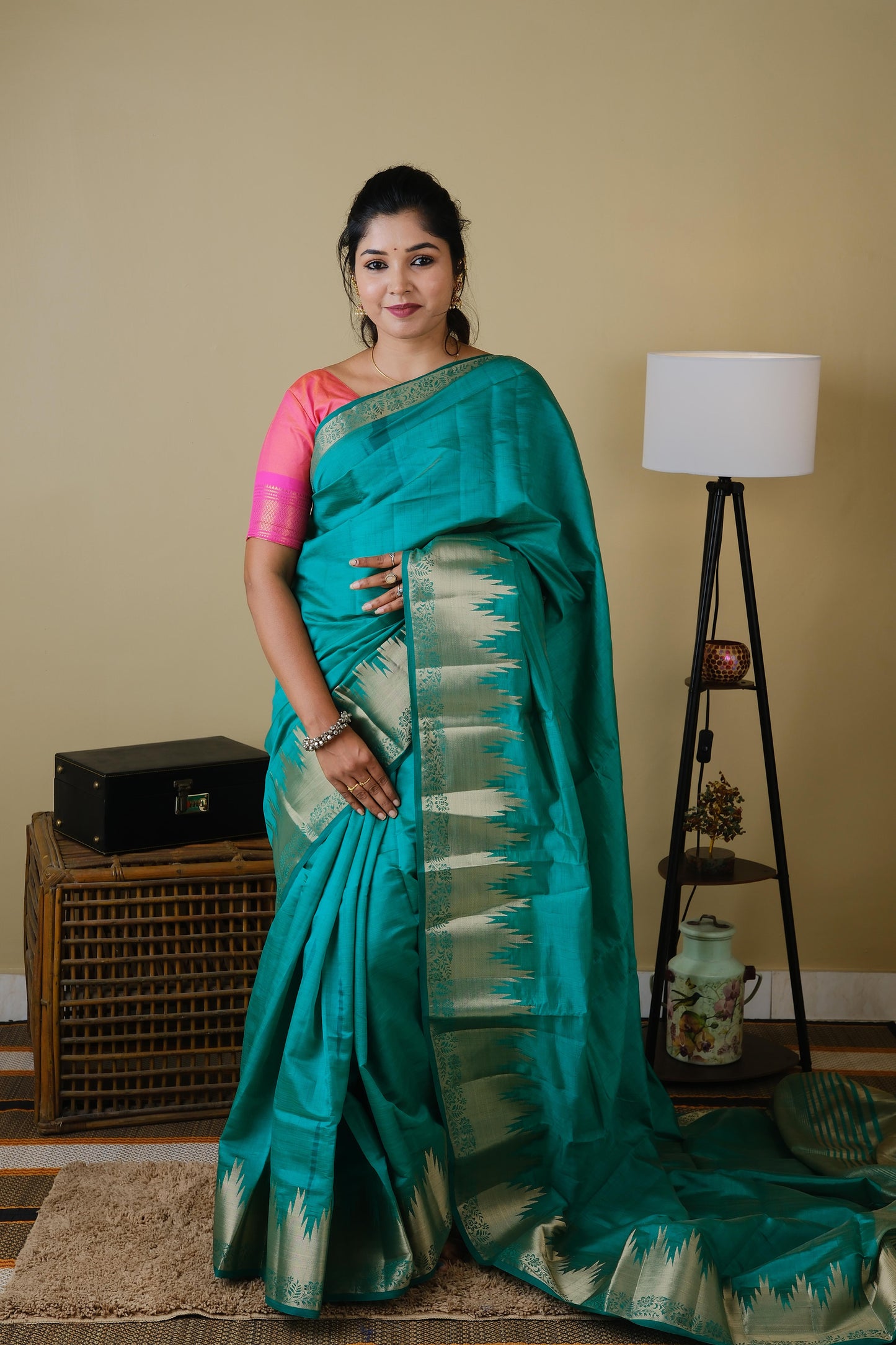 Soft silk in emerald green with tanjore zari porder and striped pallu - AVANTHIKA