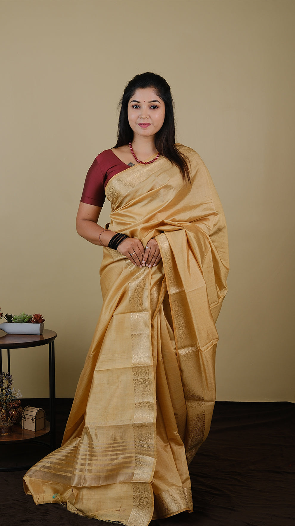 Semi soft silk in sandal with double zari border and striped pallu - AVANTHIKA (20005003)