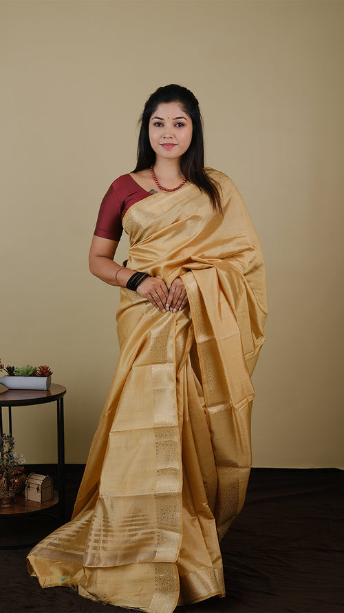 Semi soft silk in sandal with double zari border and striped pallu - AVANTHIKA (20005003)