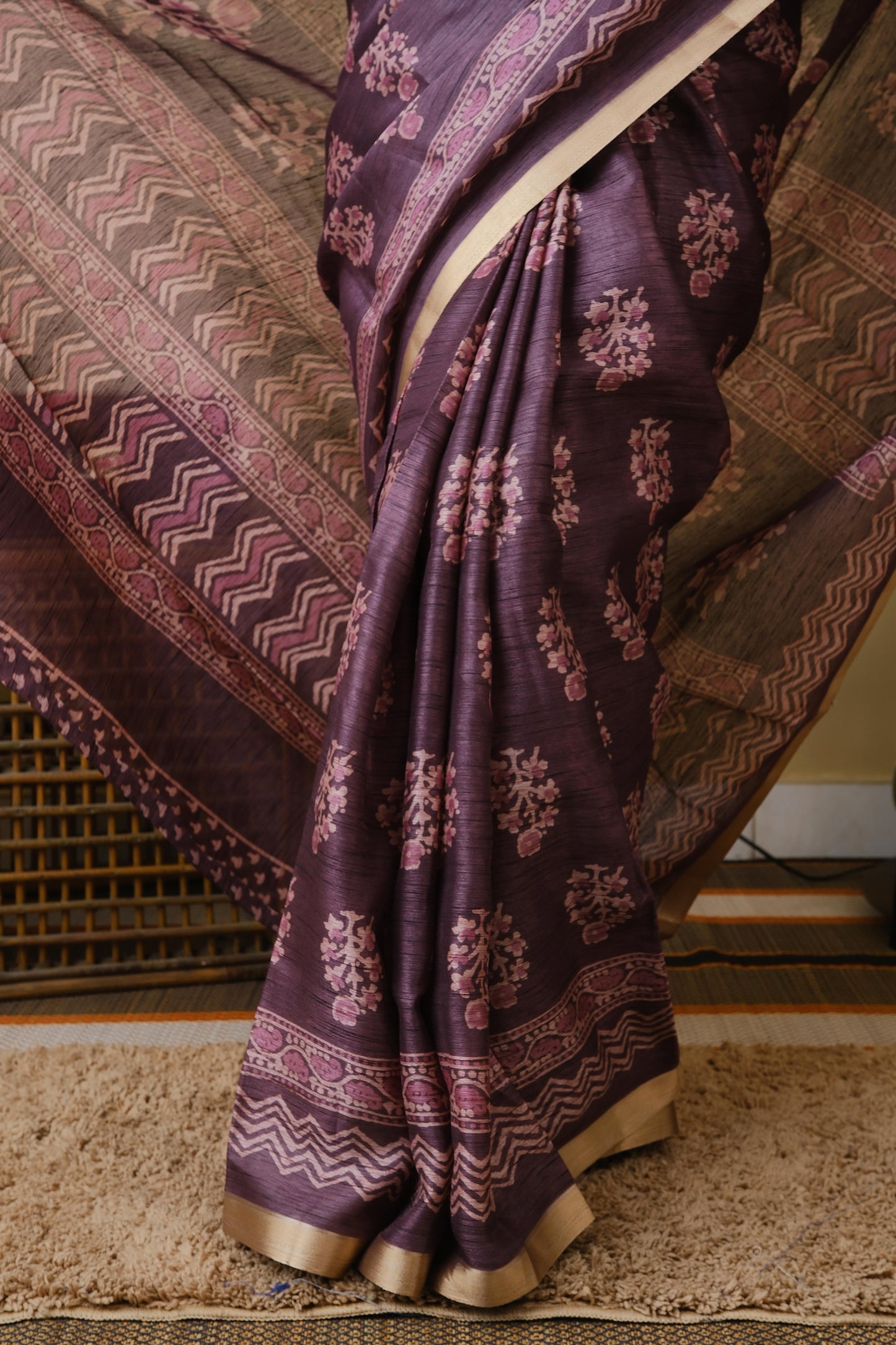 Tussar cotton in plum with floral motifs and saturn border - KRITHIKA