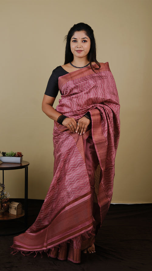 Semi silk dusty pink saree with all over thread and chumki work and anti gold woven zari border - AVANTHIKA (20009028)