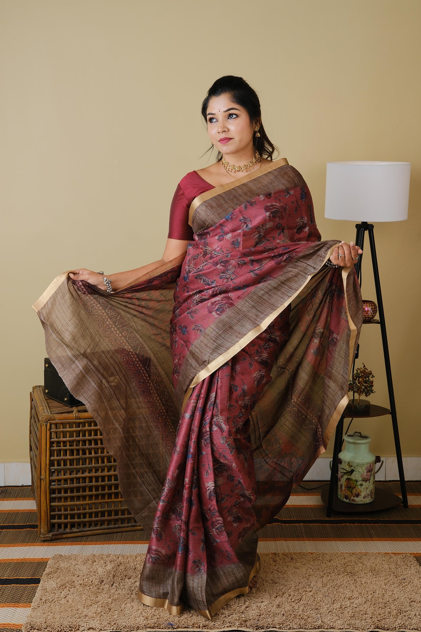 Semi khadi cotton with rose digital print in burnt rose pink with jal border - BOOMIKA