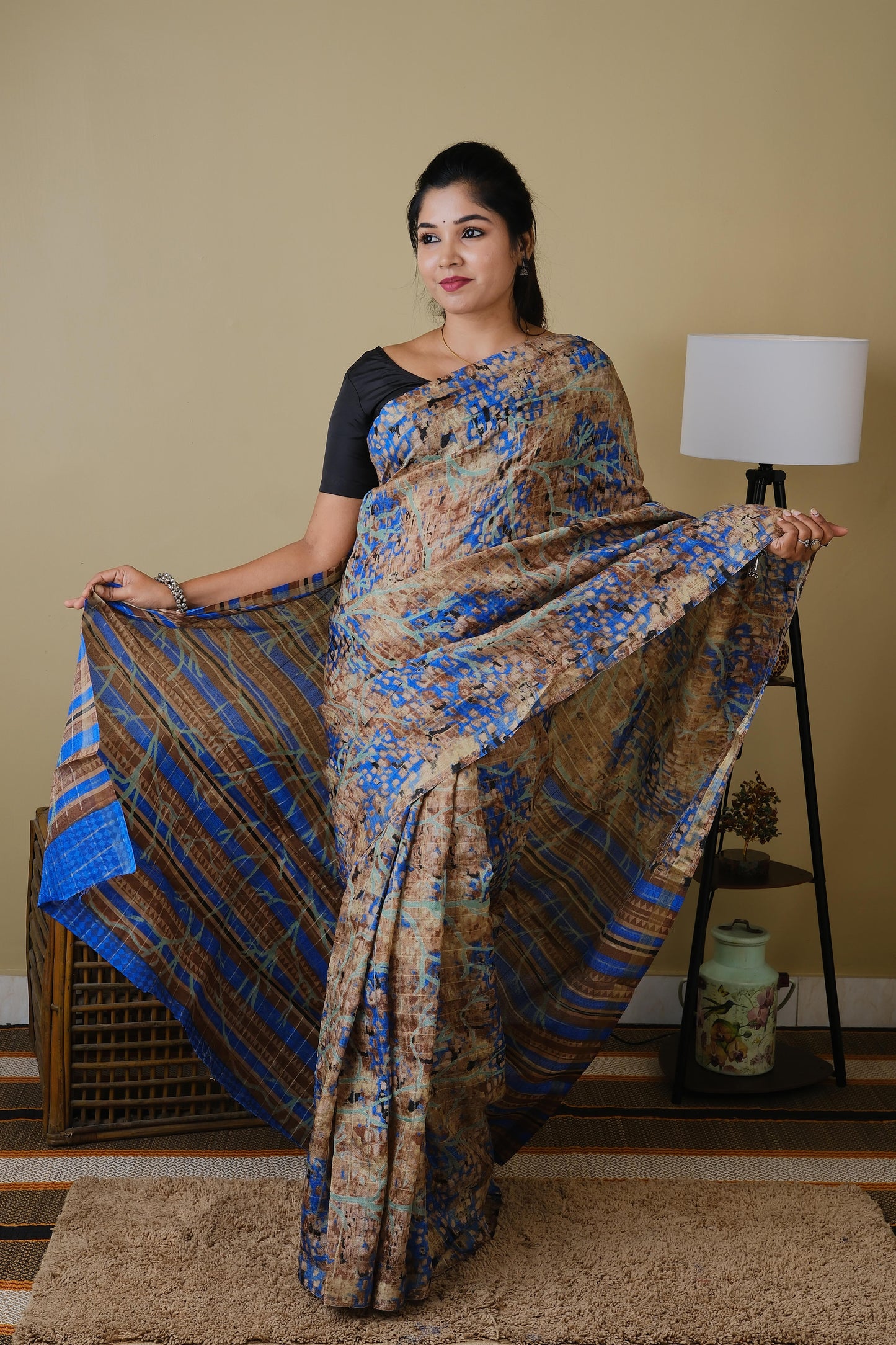 Digital print abstract wash and wear in light brown and royal blue - BOOMIKA