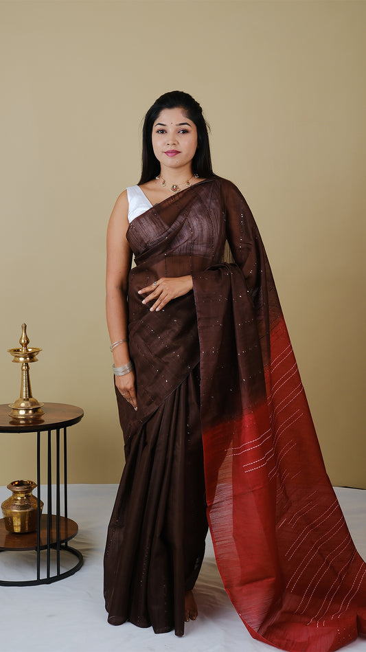 Linen cotton in coffee brown body with rust pallu with threadwork and chamki work - BOOMIKA (30010027)
