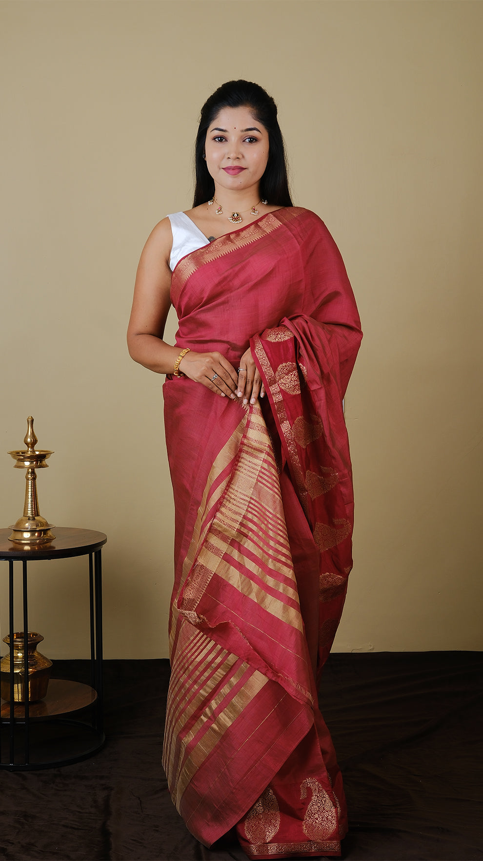 Silk cotton in pomegranete red with traditional mangai zari border and striped zari pallu - AVANTHIKA (20009024)
