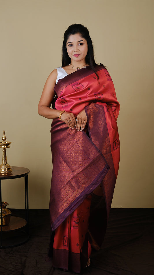Classic soft silk tissue saree in sunset orange body with jamun purple colored motifs and border along with copper-gold zari - AVANTHIKA (20012009)