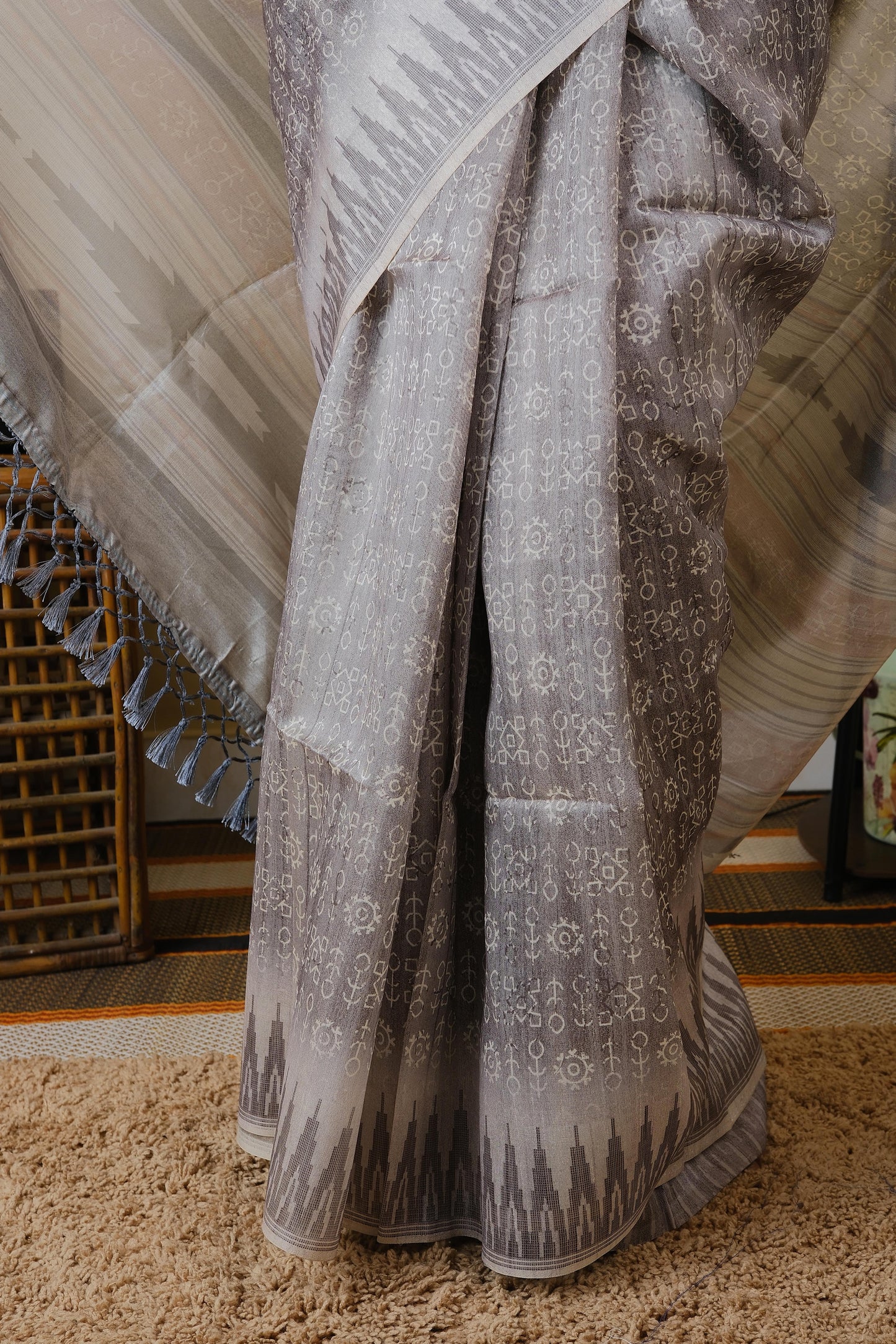 Light grey tribal digital print with ikat border saree - BOOMIKA