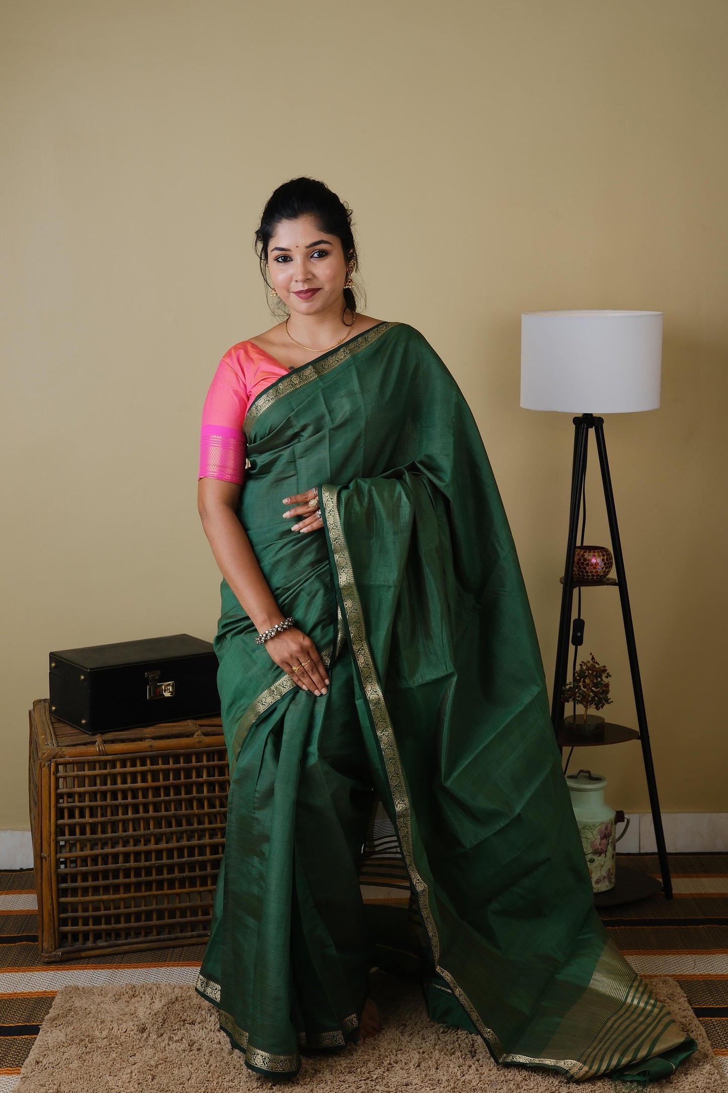 Exquisite soft silk olive green saree with zari border - AVANTHIKA