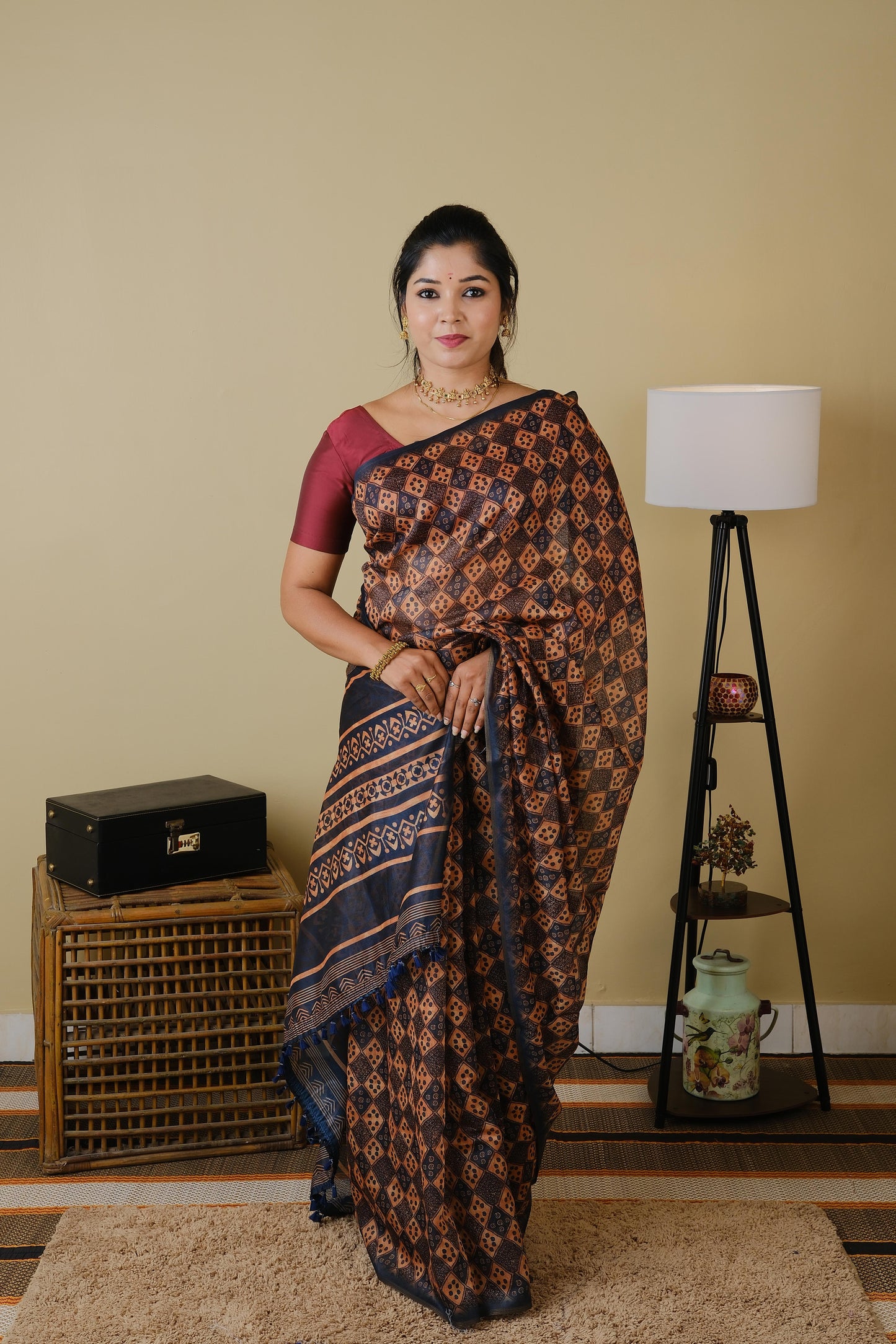 Chanderi silk in bottle green and carrot orange with all over digital print -  BOOMIKA