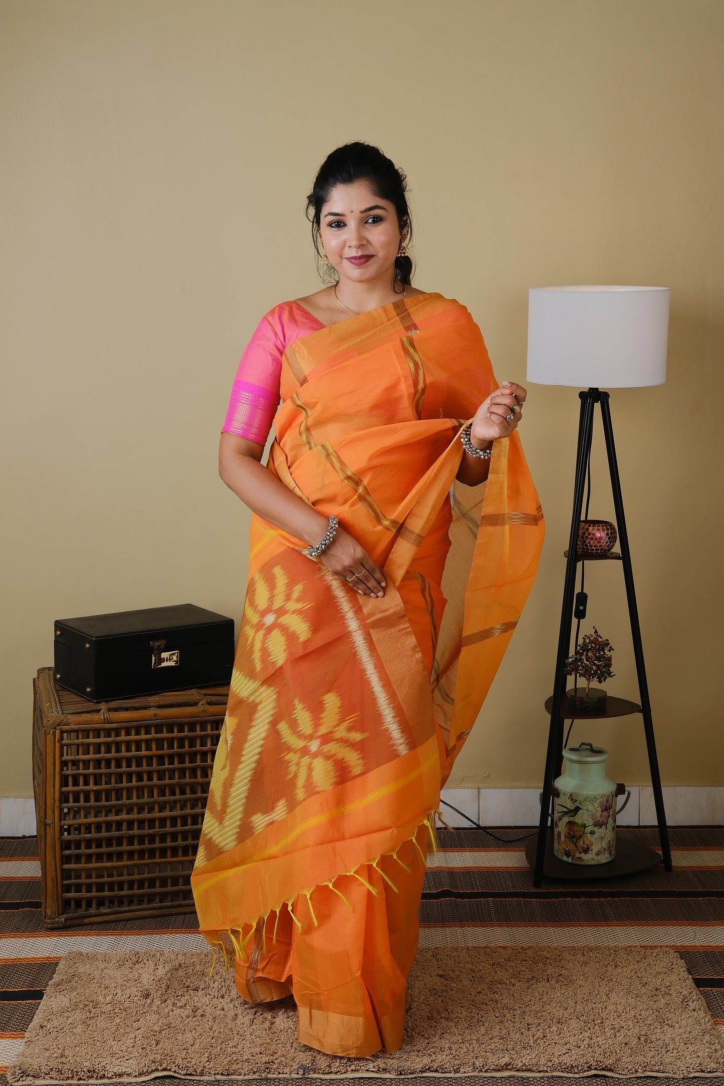 Handloom block print orange cotton saree with ikat style pallu - BOOMIKA