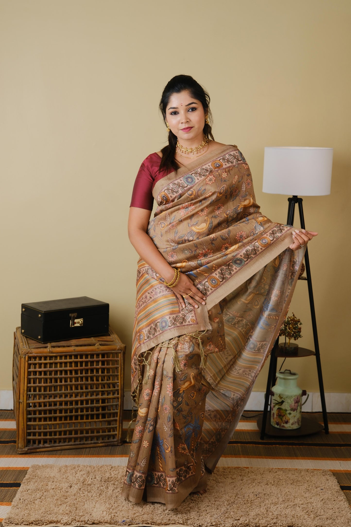 Digital print in wheat brown with all over motifs and floral border - BOOMIKA