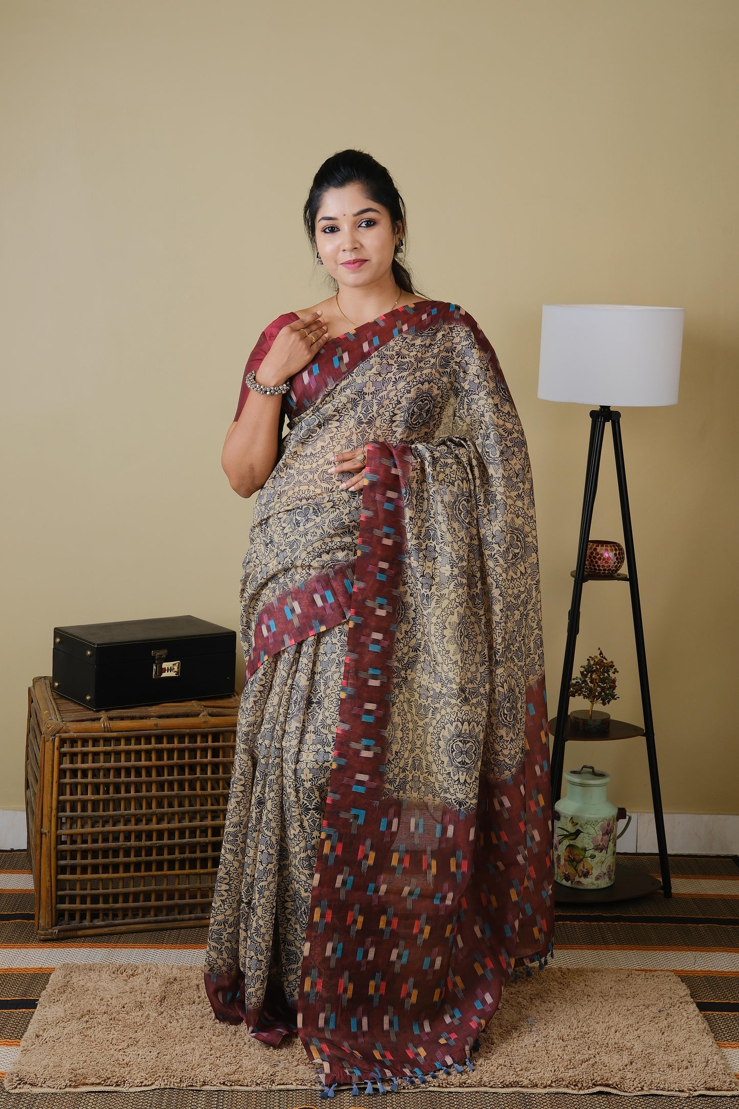 Soft cotton in cream and grey print with burgundy border - BOOMIKA