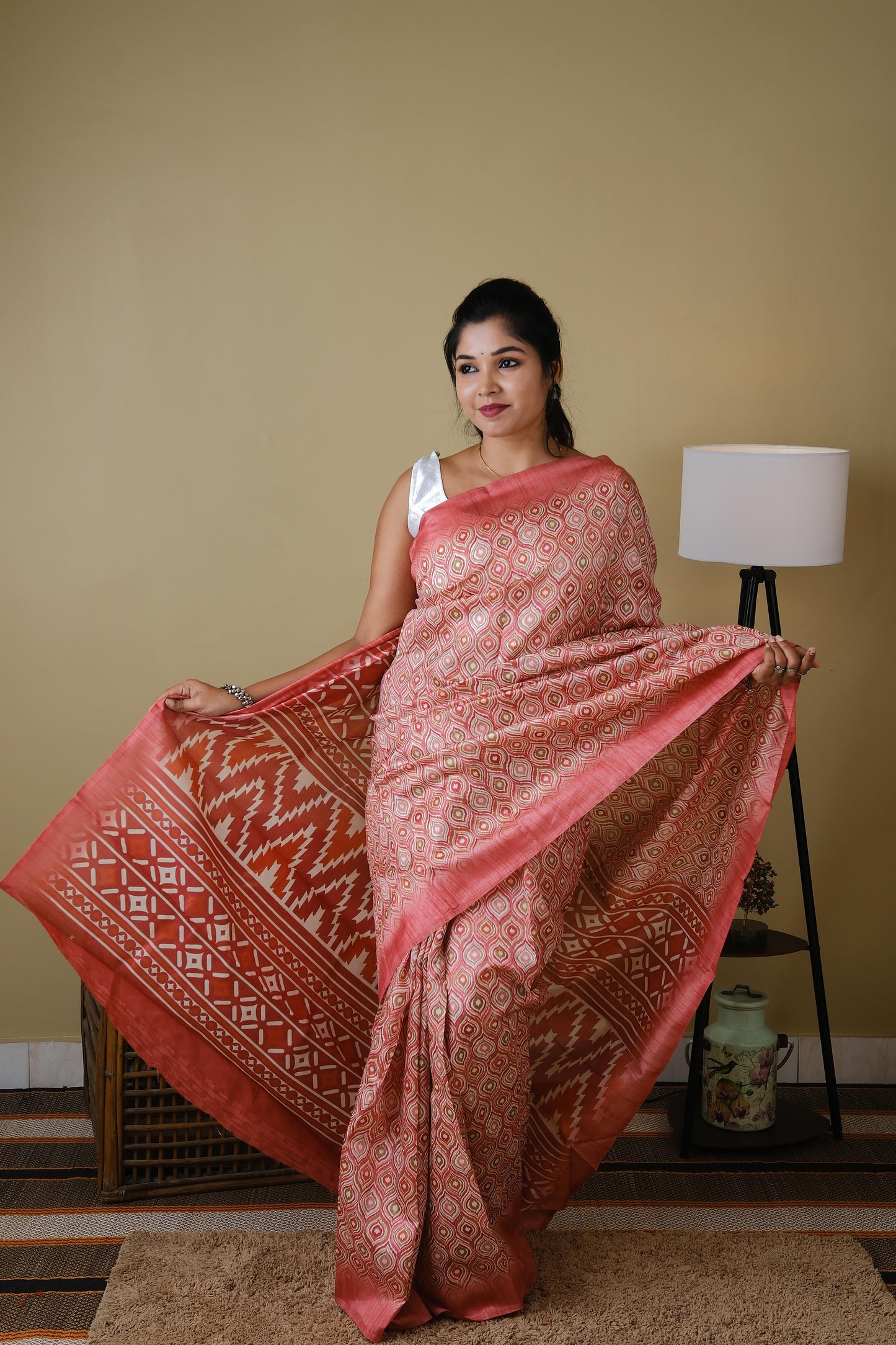 Tussar mix dark pink all over mughal print with dark peach pallu - BOOMIKA