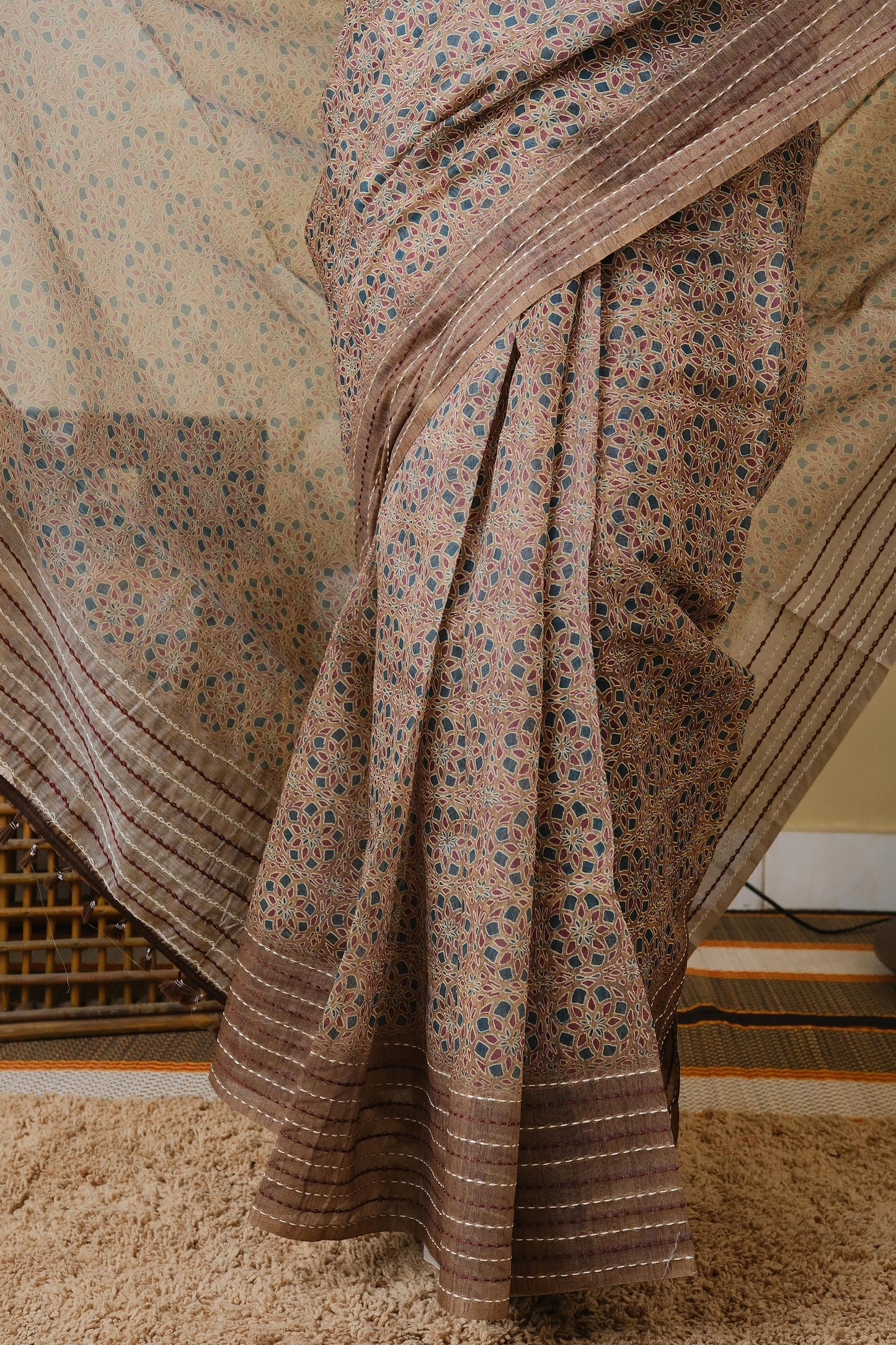 Soft cotton in mud brown with mughal print and mud brown embroided border - BOOMIKA