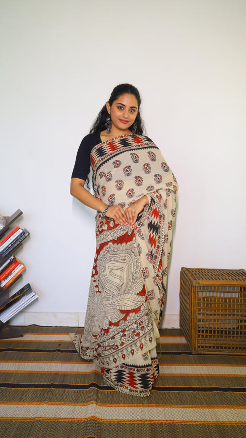 Elegant beige base soft cotton Kalamkari saree featuring paisley motifs in maroon and black - BOOMIKA