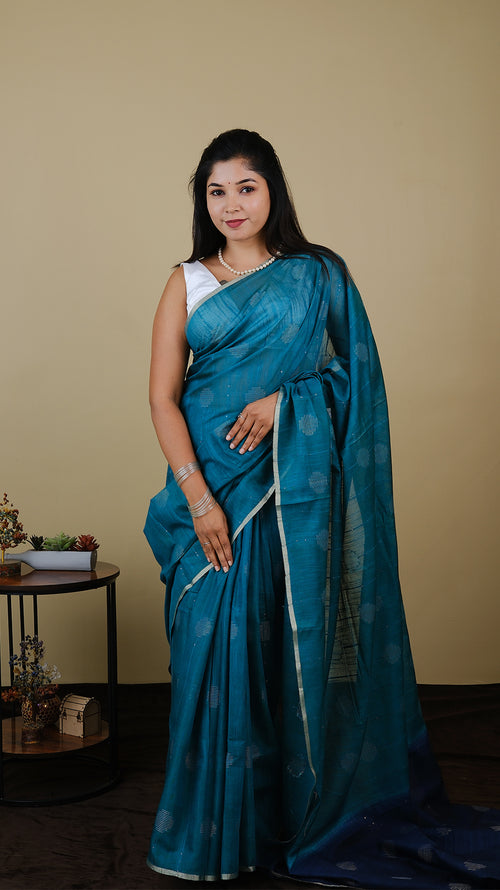 Linen cotton in bright green body with blue pallu with threadwork and chamki work - BOOMIKA (30010028)