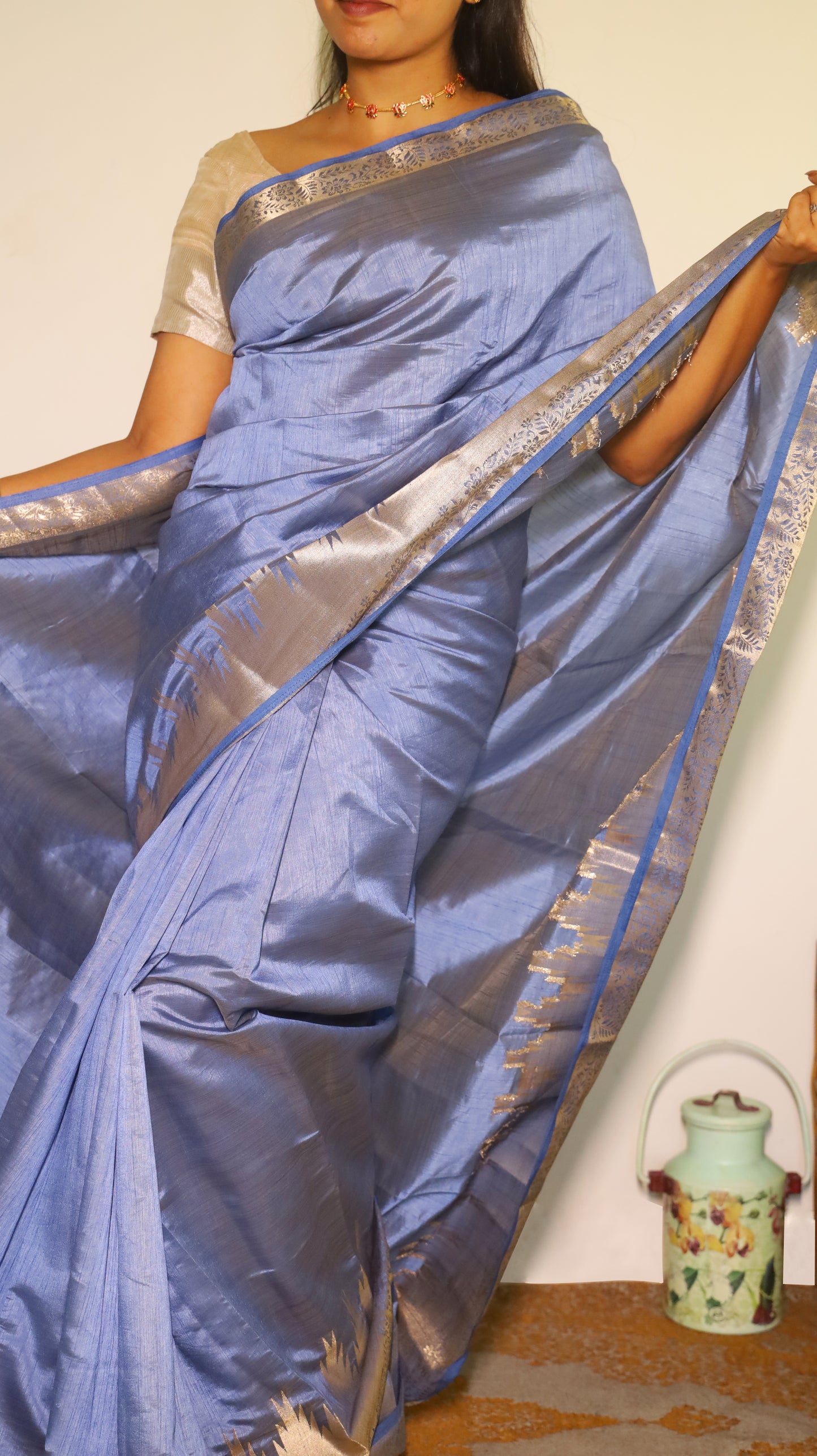 Graceful and refined steel blue Semi Soft Silk Saree with rich silver zari woven border   - AVANTHIKA