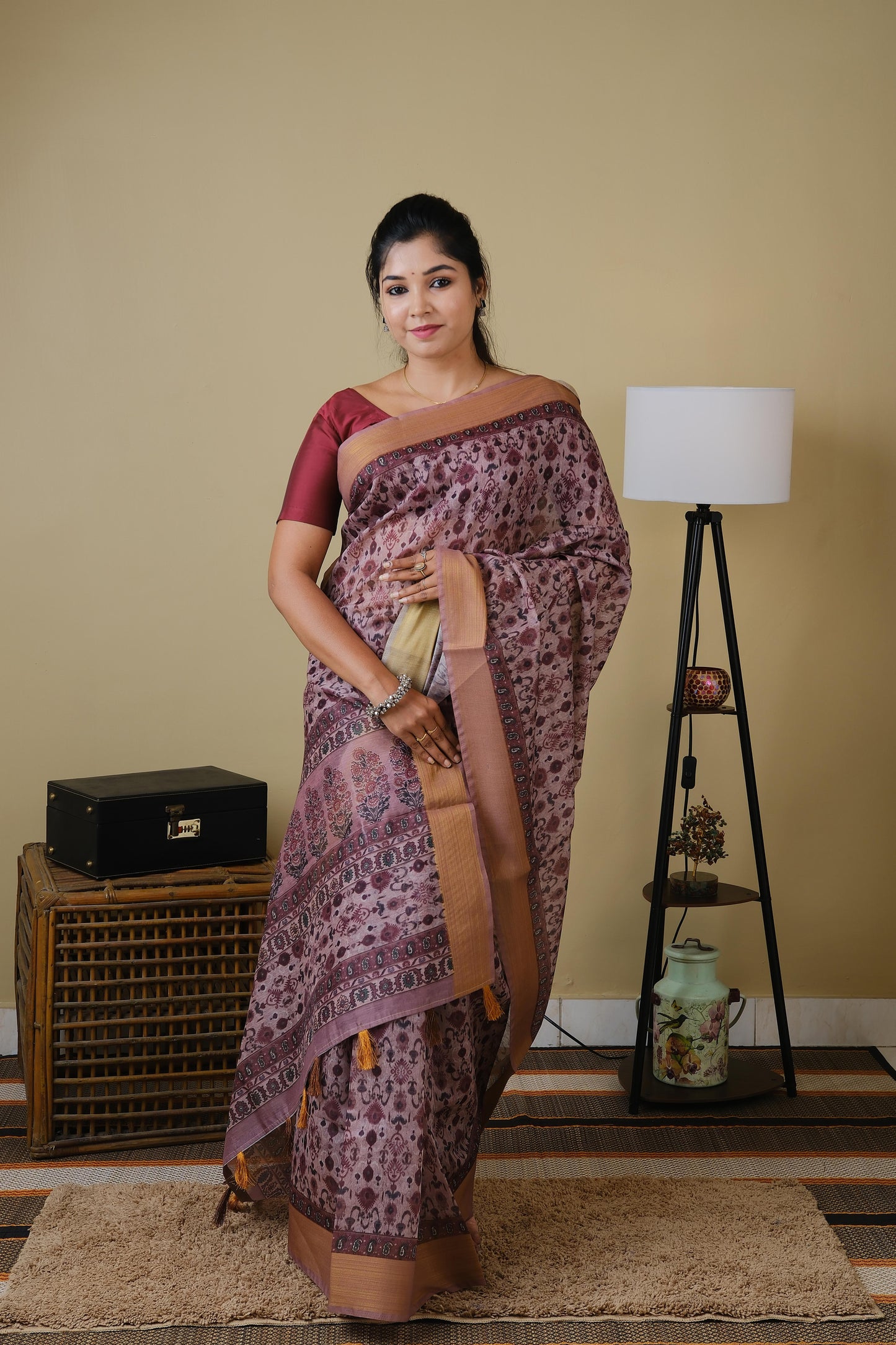 Soft cotton in mauve tribal prints and mocha brown self zari border - BOOMIKA