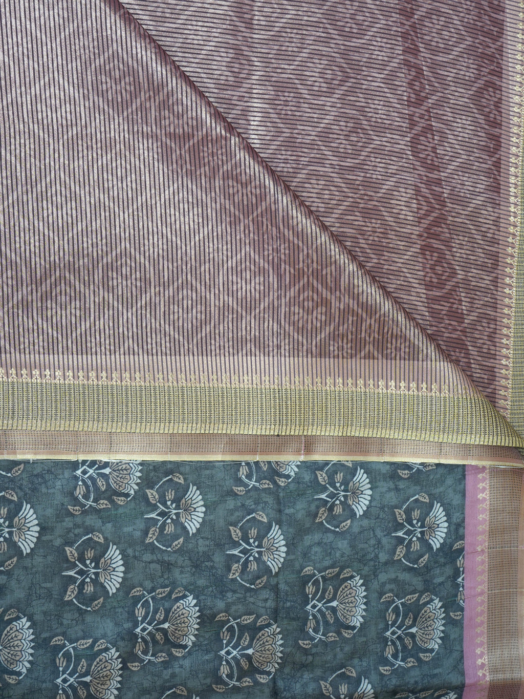 Semi silk in grey green body with floral motifs and light pink zari border with light pink pallu - KRITHIKA (40012003)