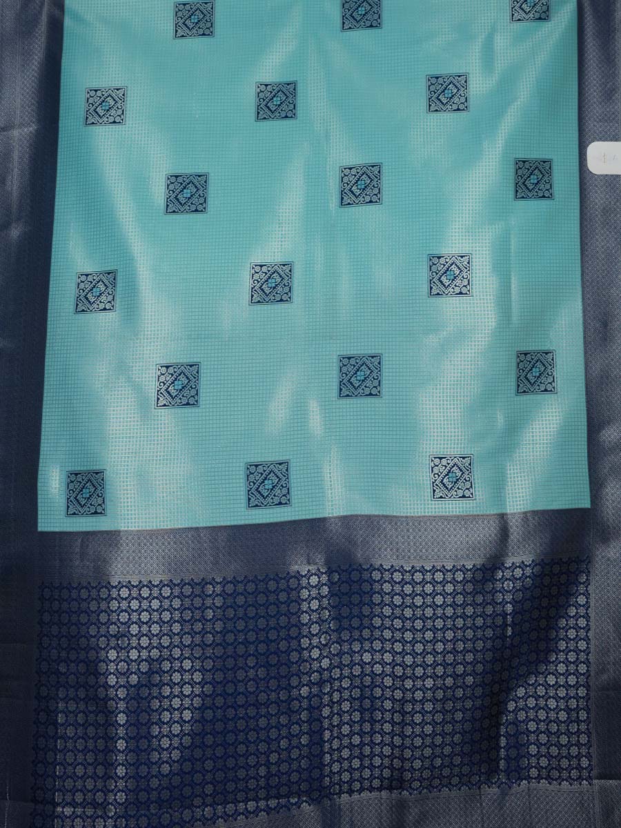 Graceful Soft Silk Saree with a soft light blue body, adorned with delicate buttas, and complemented by a bold dark blue border and pallu - AVANTHIKA