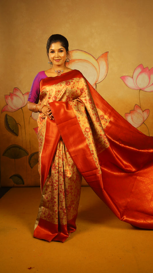 Exquisite Soft Silk Saree in peach tissue body with a rich maroon border - AVANTHIKA