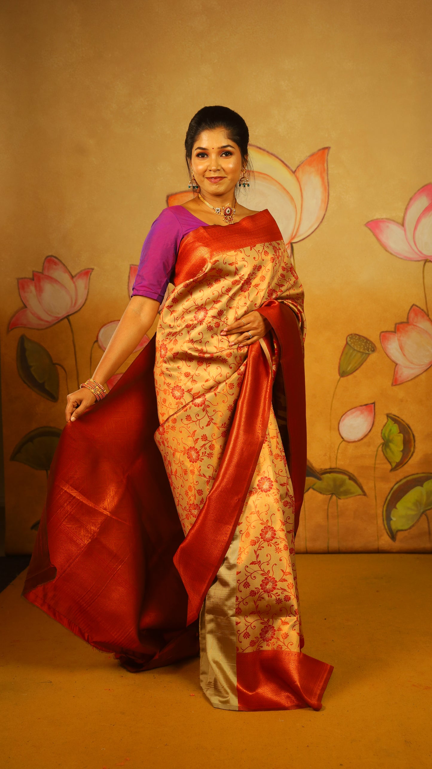 Exquisite Soft Silk Saree in peach tissue body with a rich maroon border - AVANTHIKA