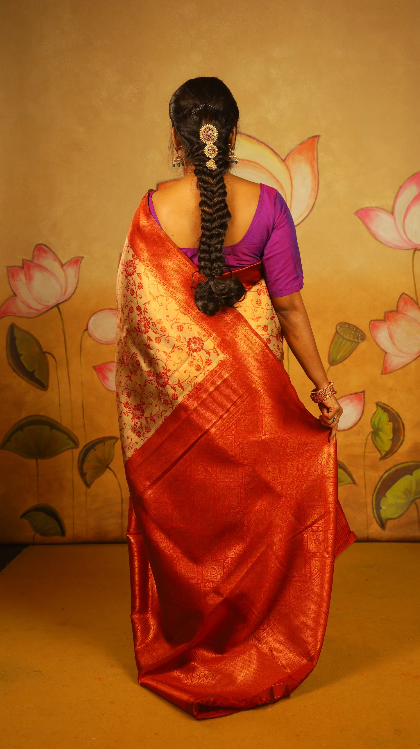 Exquisite Soft Silk Saree in peach tissue body with a rich maroon border - AVANTHIKA