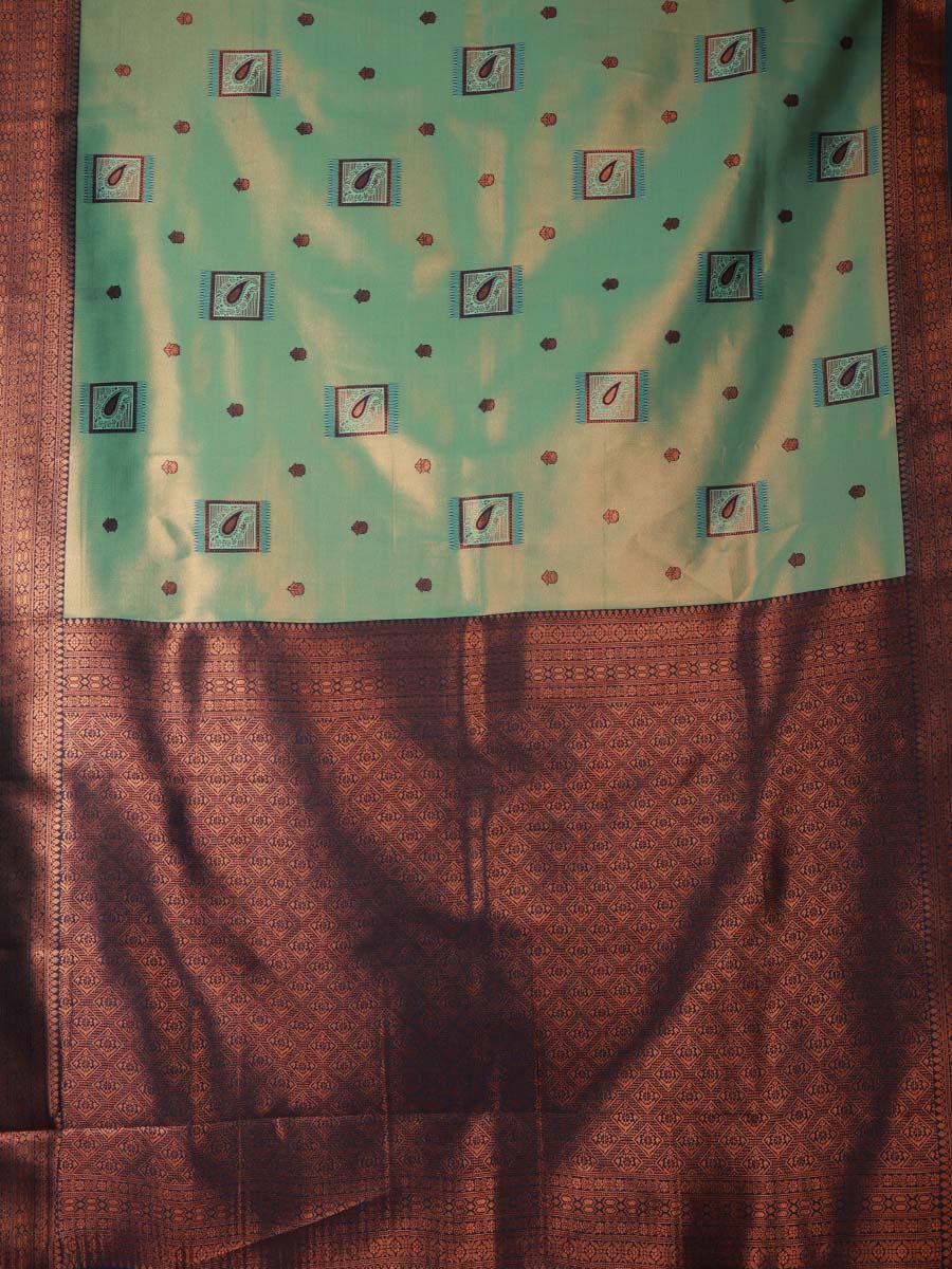 Classic soft silk tissue saree in light aqua blue body with rust-colored motifs and turquoise border along with copper-gold zari - AVANTHIKA