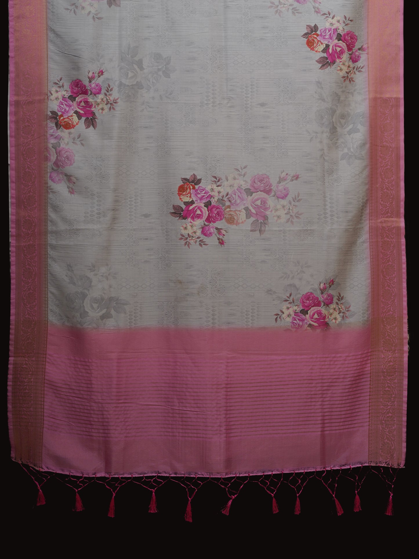 Graceful Soft Silk Printed Saree with a serene grey body and a contrasting pink satin border - A refined blend of simplicity and sophistication. AVANTHIKA