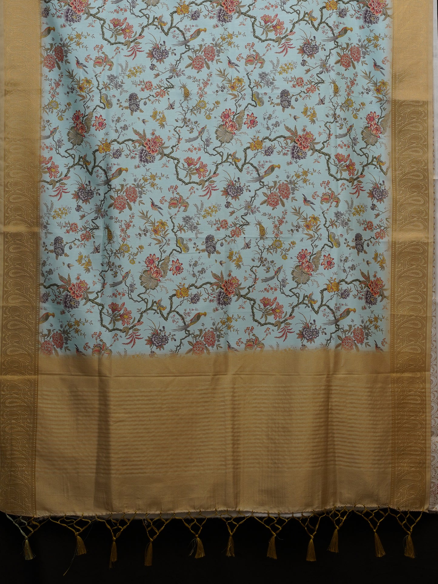 Luxurious Soft Silk Printed Saree with a serene light blue body, with intricate Lepakshi prints and gold satin border - AVANTHIKA