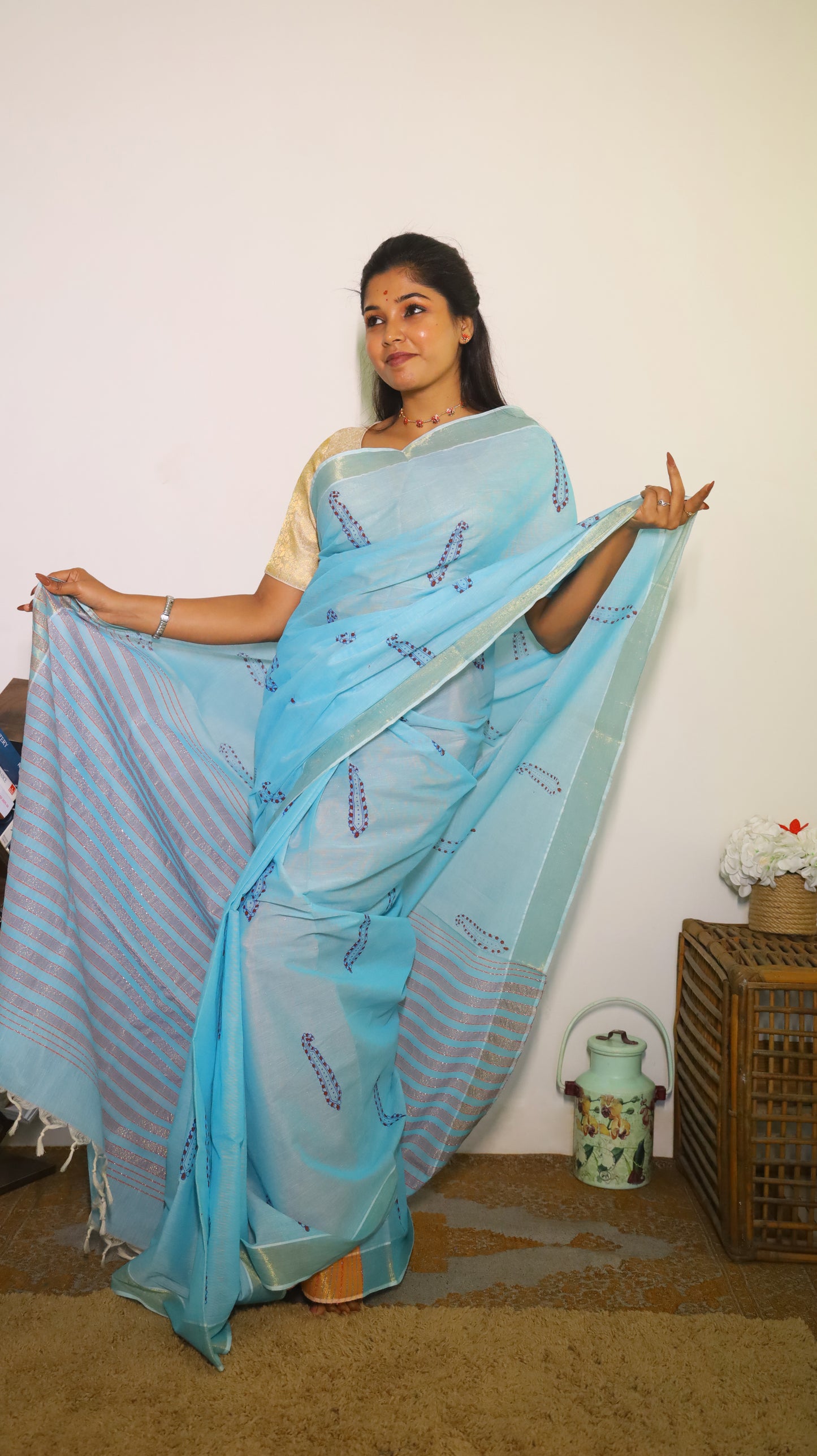 Breathable light blue cotton saree with block prints and gold zari border - BOOMIKA