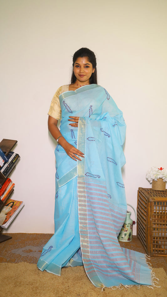 Breathable light blue cotton saree with block prints and gold zari border - BOOMIKA