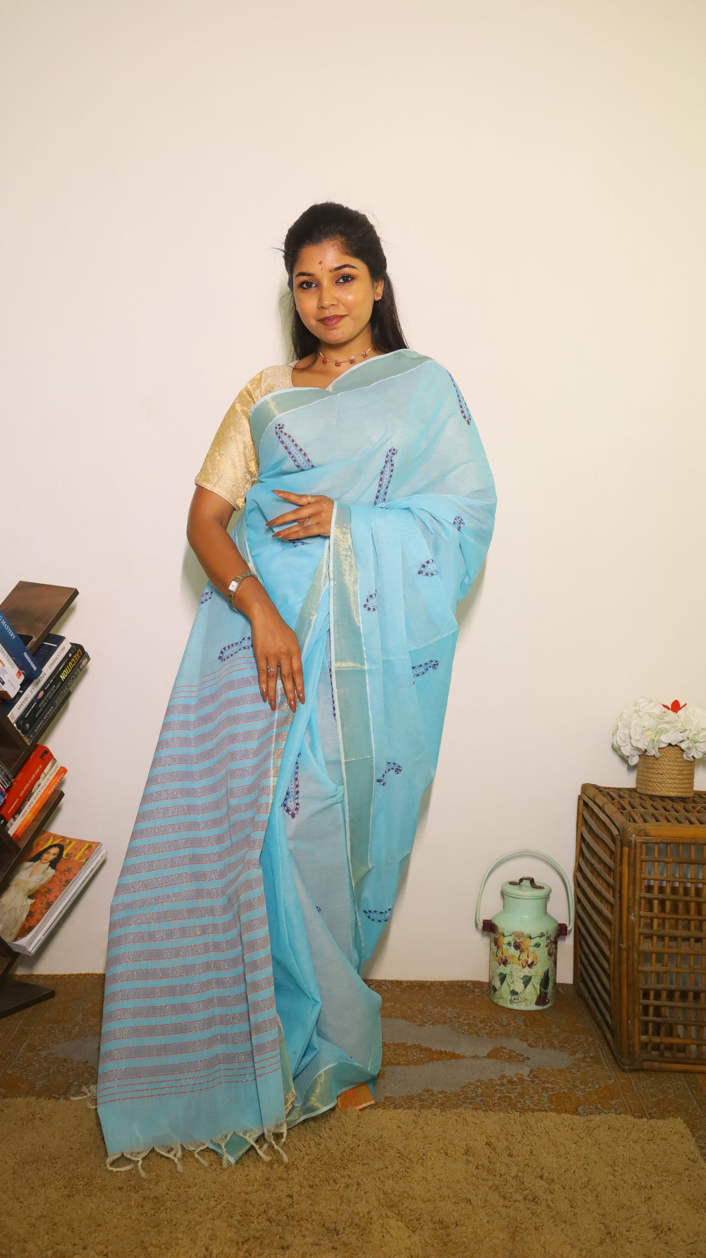Breathable light blue cotton saree with block prints and gold zari border - BOOMIKA