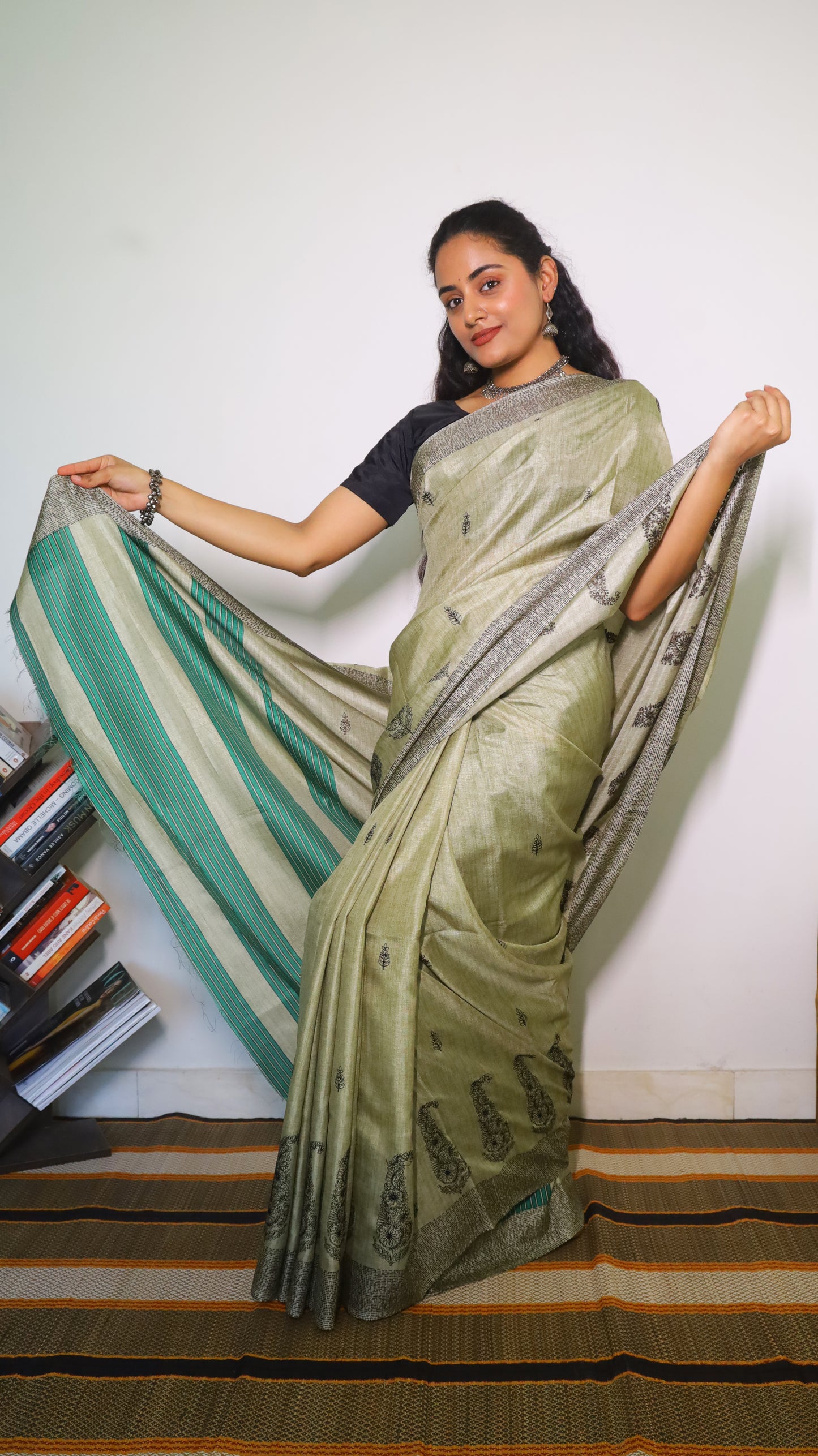 Graceful sage green embroidery saree with paisely motifs - SHRUTHIKA