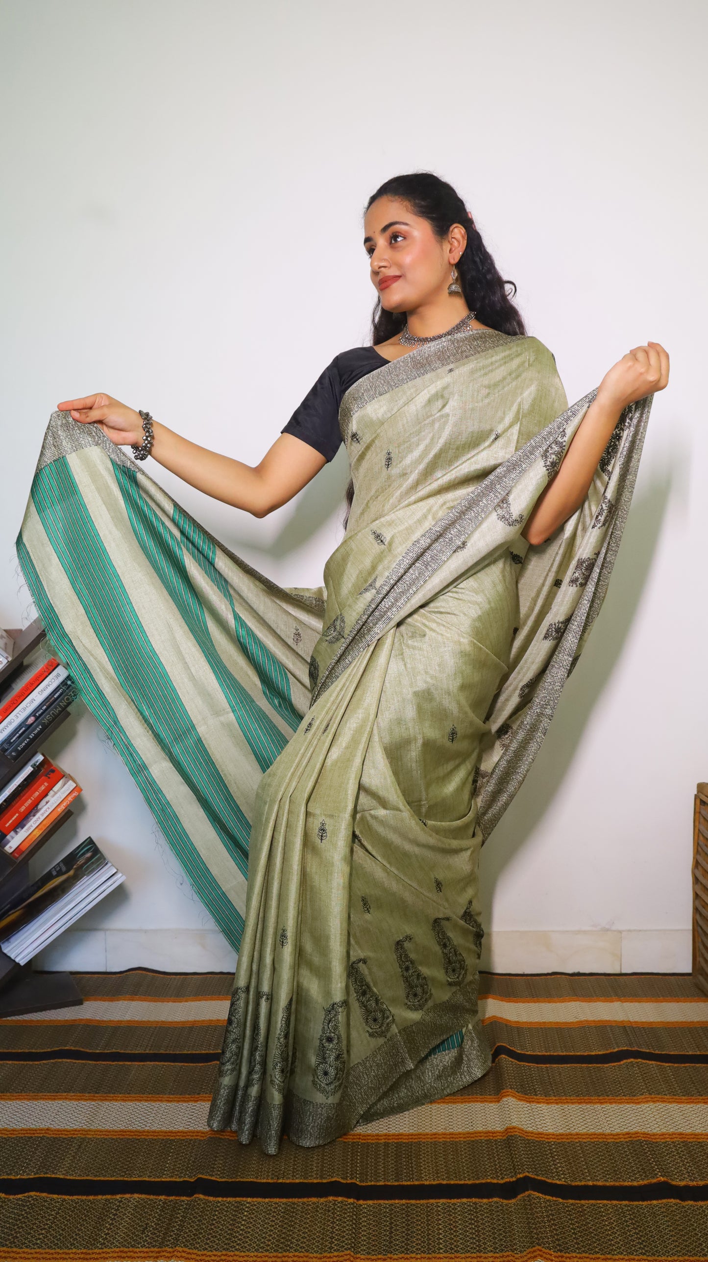 Graceful sage green embroidery saree with paisely motifs - SHRUTHIKA