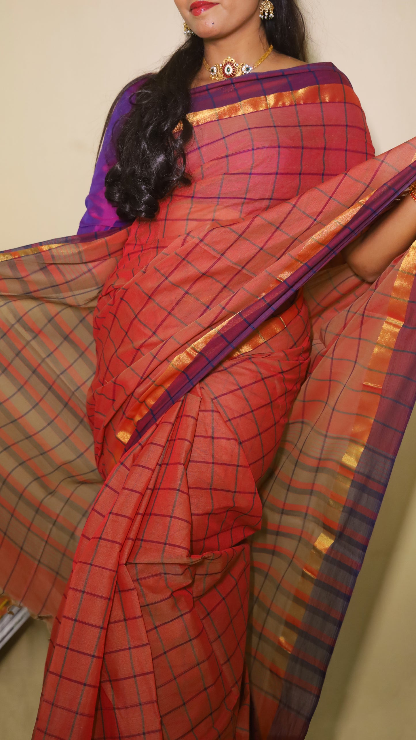 Rich Maroon Manipuri Cotton saree with highlighted check patterns, and golden-pink border - BOOMIKA