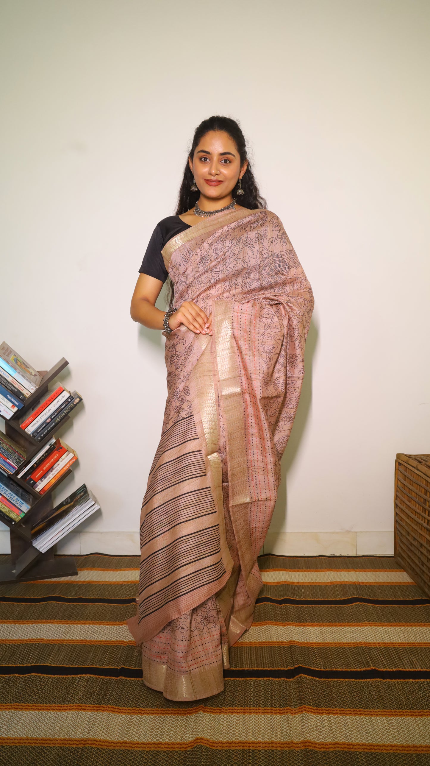 Refined pastel pink embroidery saree with gold zari border - SHRUTHIKA