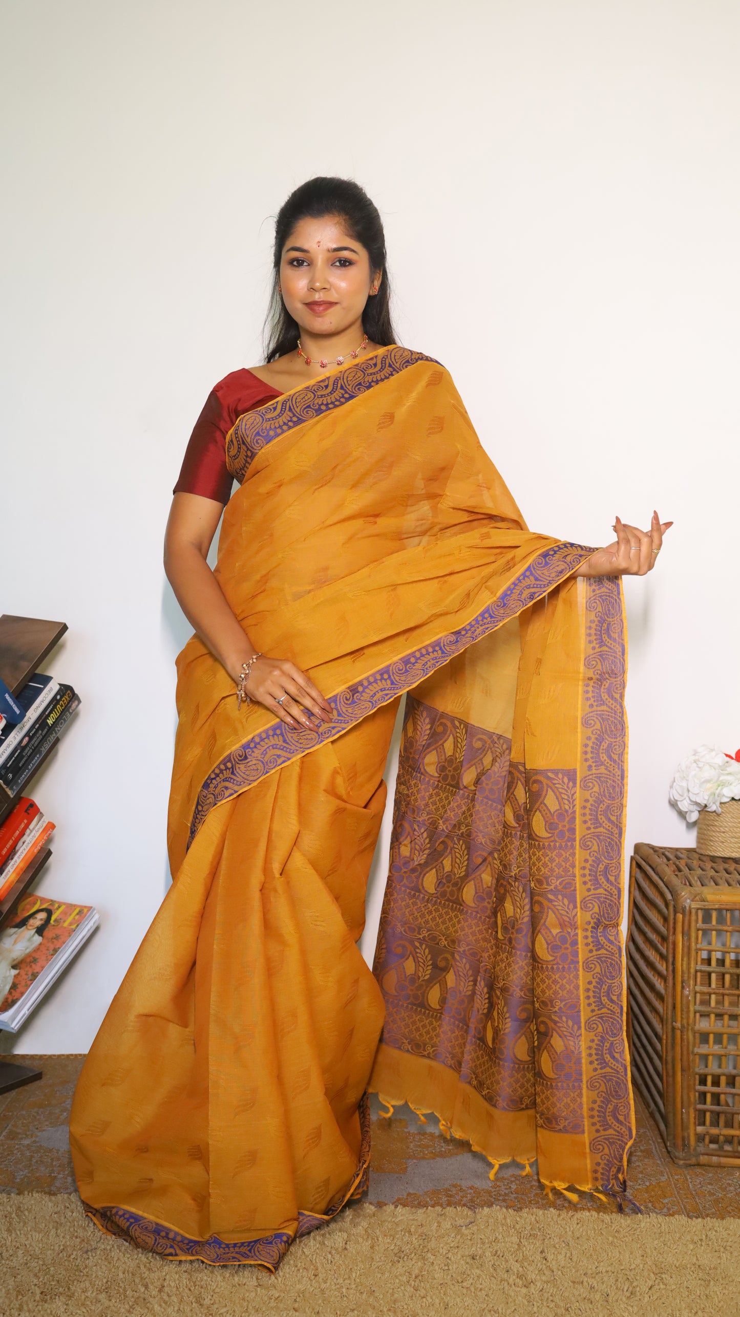 Breathable mercerized cotton saree in warm mustard body with contrasting purple border - BOOMIKA