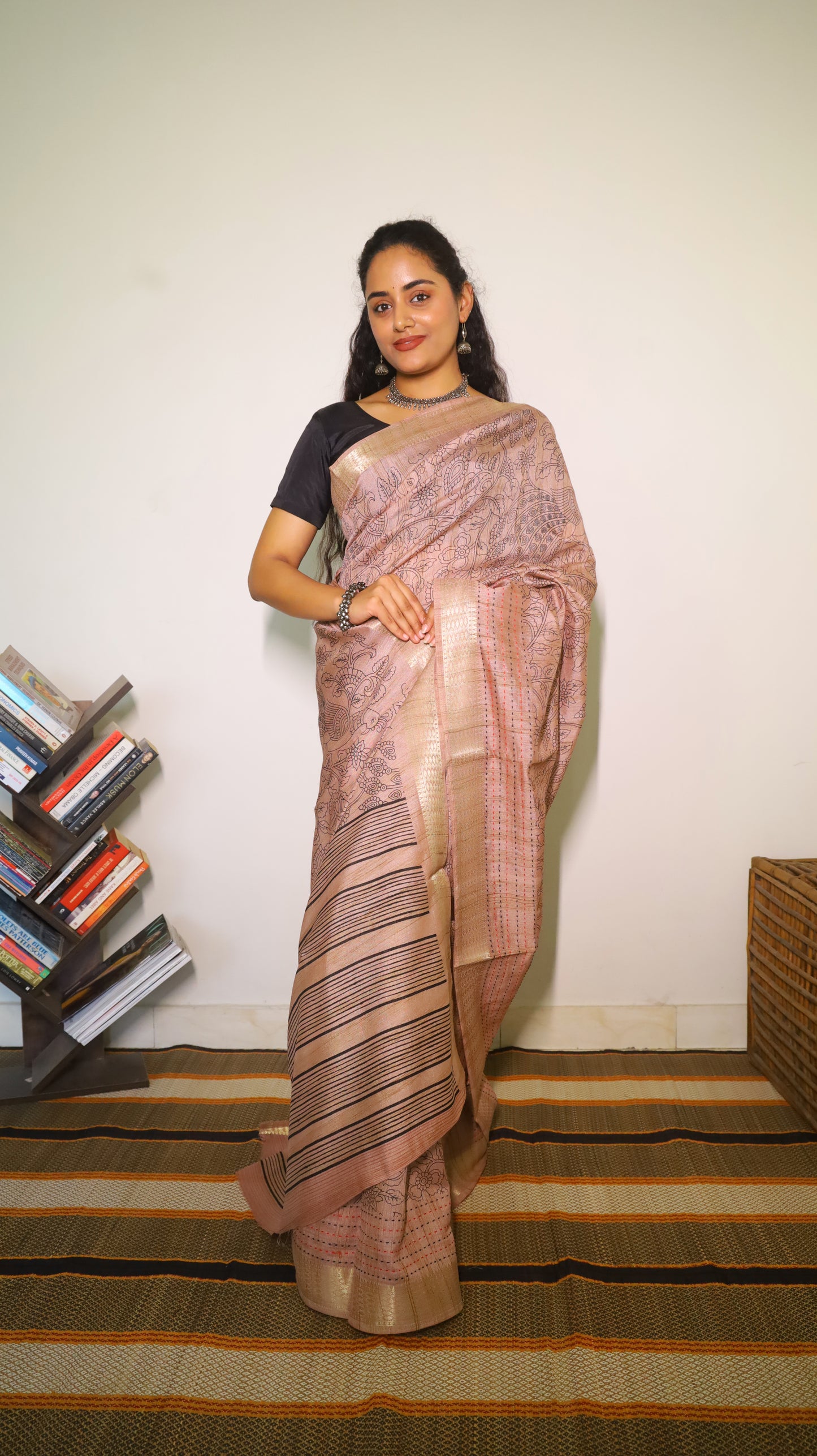 Refined pastel pink embroidery saree with gold zari border - SHRUTHIKA