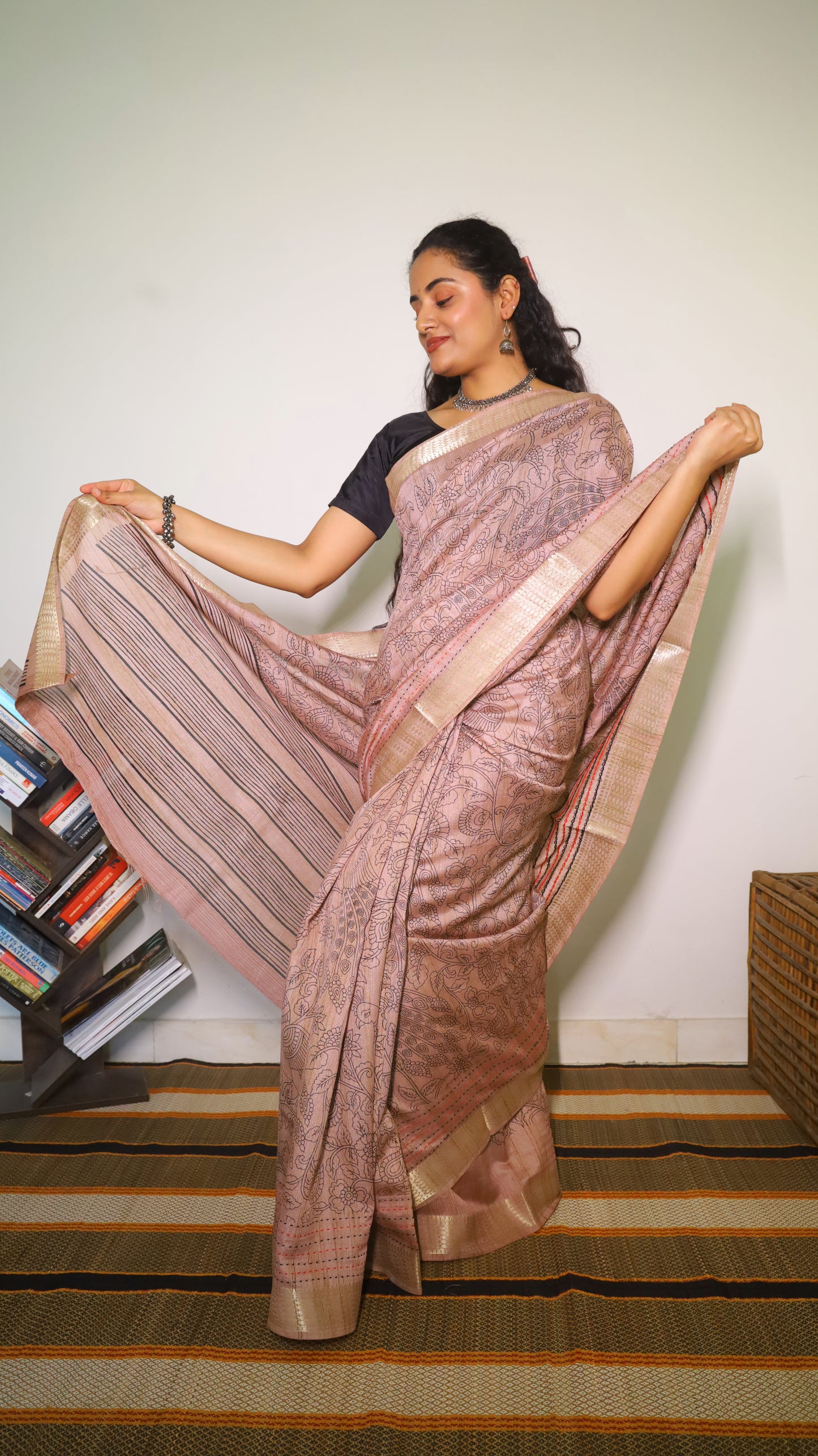 Refined pastel pink embroidery saree with gold zari border - SHRUTHIKA