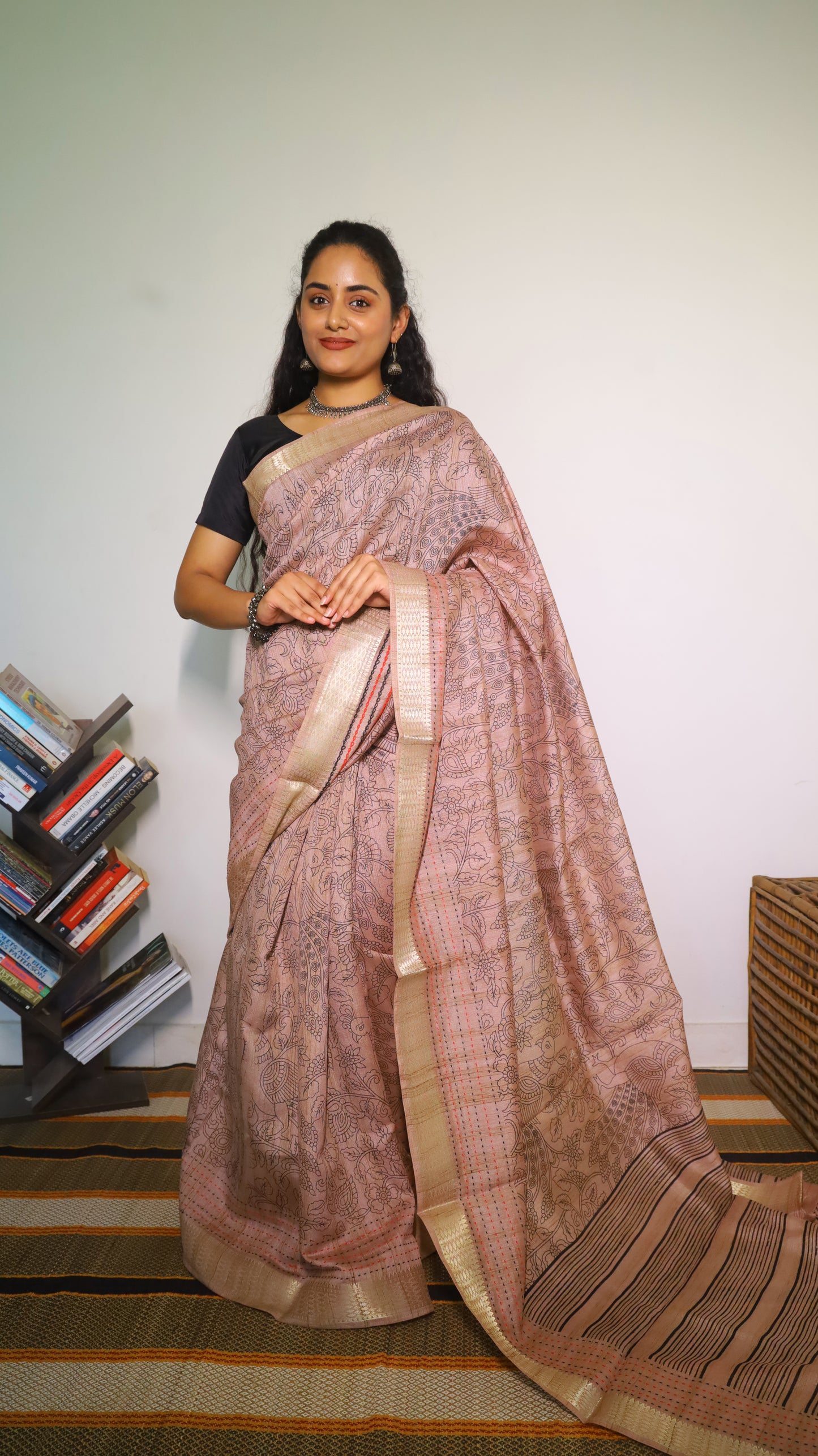 Refined pastel pink embroidery saree with gold zari border - SHRUTHIKA