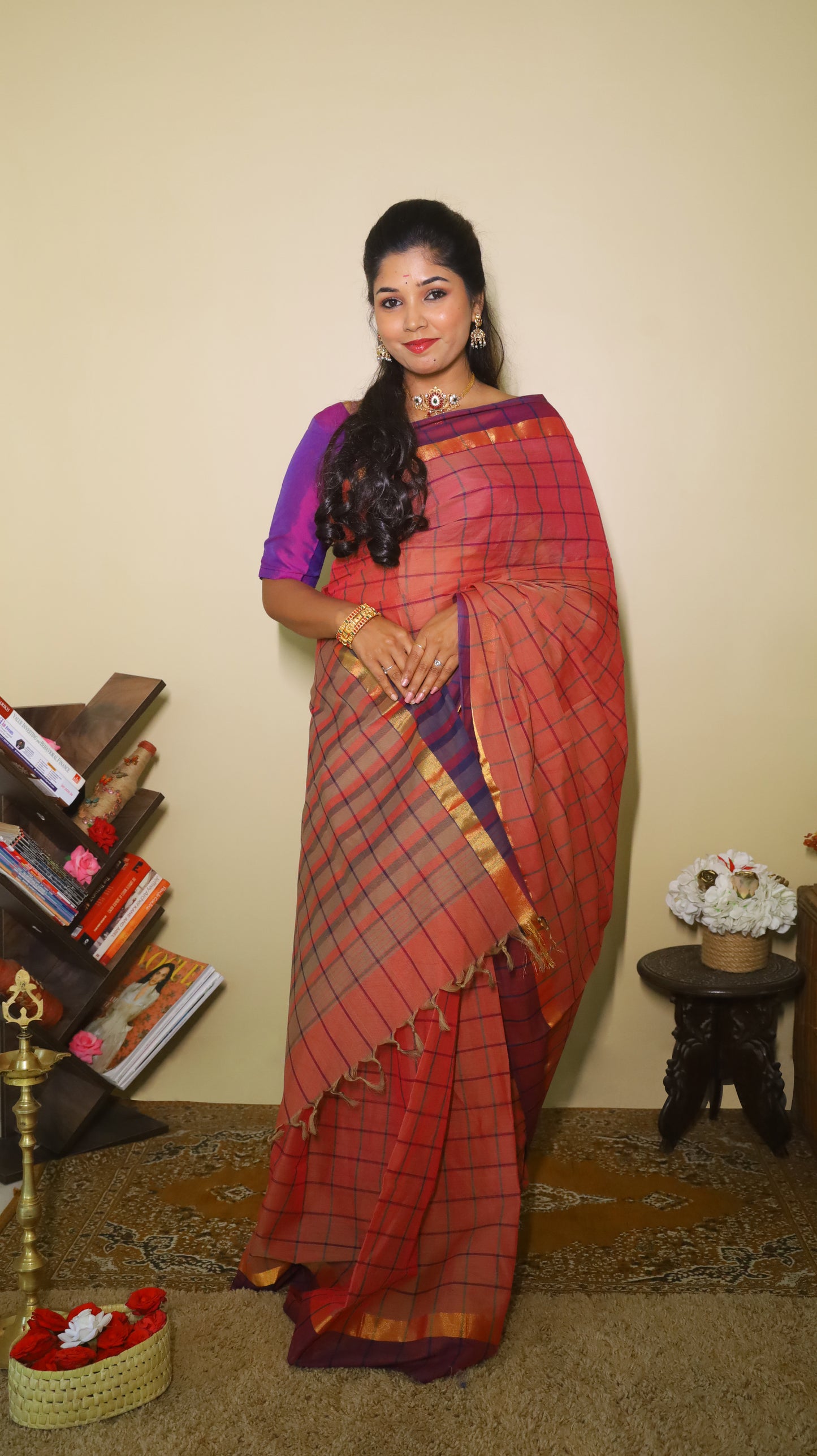 Rich Maroon Manipuri Cotton saree with highlighted check patterns, and golden-pink border - BOOMIKA