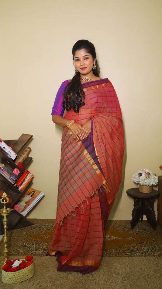 Rich Maroon Manipuri Cotton saree with highlighted check patterns, and golden-pink border - BOOMIKA